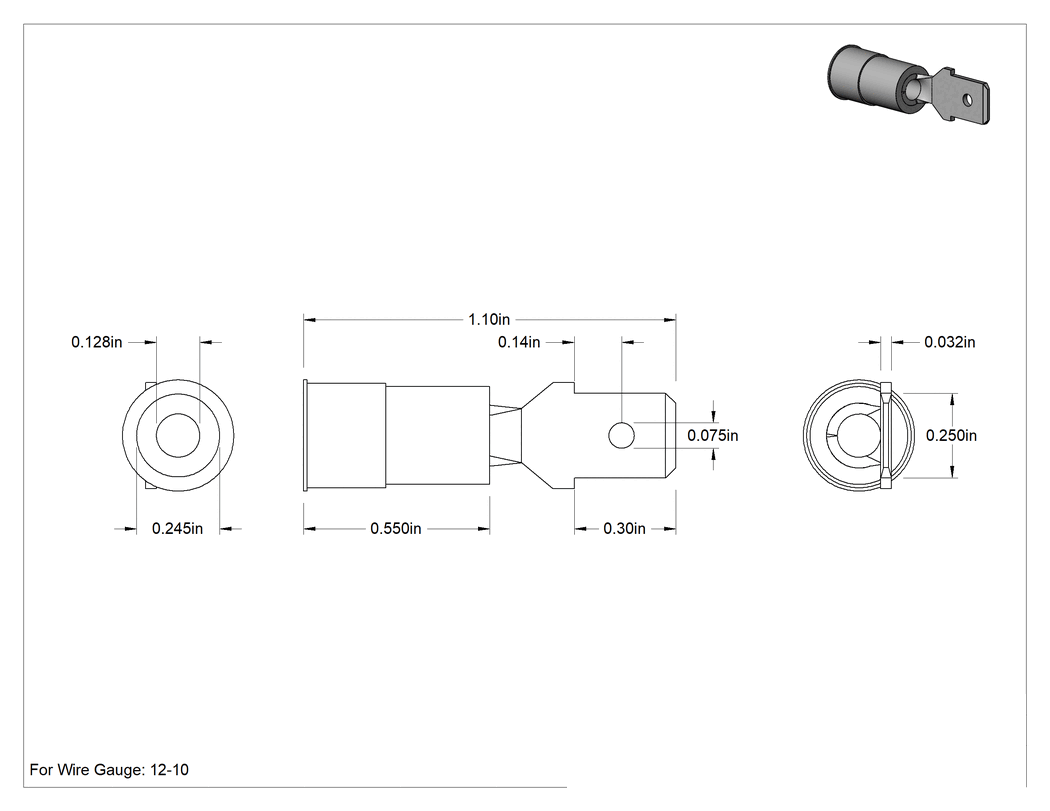 Teknik Çizim - Manşon Yalıtımlı Faston Terminaller, Tek Sıkma, Erkek, 12-10 AWG, 0.250 inç x 0.032 inç Tırnak