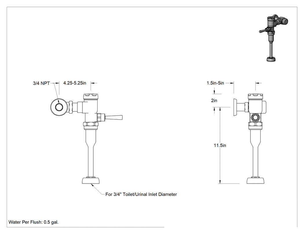 Teknik Çizim - American Standard Sifon Valfi, Manuel, 3/4" Girişli Pisuar, 0.5 Gpf,#6045051.002