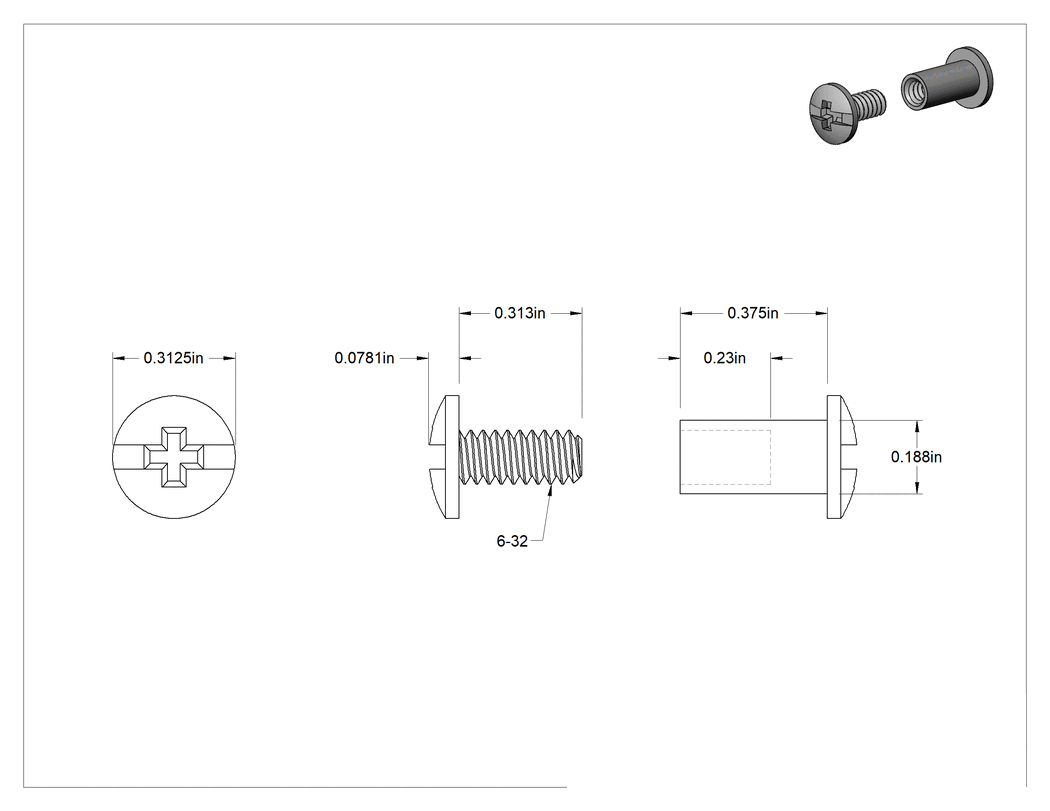 Teknik Çizim - Süper Paslanma ve Aşınmaya Dayanıklı Bağlantı Silindiri ve Vida, 316 Paslanmaz Çelik, 6-32 Diş, 3/8" ila 1/2" Kalınlık için