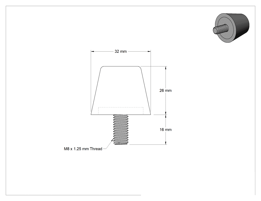 Teknik Çizim - Yük Kapasiteli Güçlendirilmiş Buna-N Dişli Tampon, Çelik Taban Plakası ve 16 mm Uzunluğunda M8 x 1.25 mm Saplama, 200 lb. Maksimum