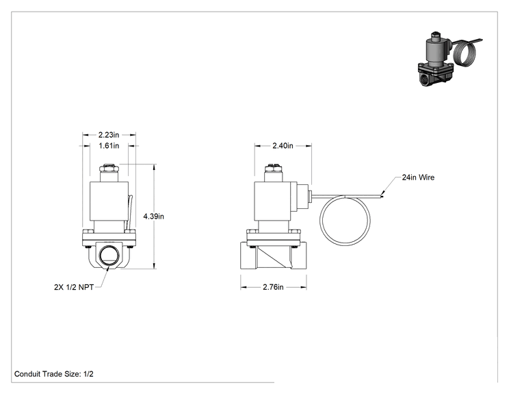 Teknik Çizim - Viton® Contalı Pirinç Solenoid Açma/Kapama Vanası, Soğutucu ve Deterjan için, Açık, 24V AC, 1/2 NPT Dişi