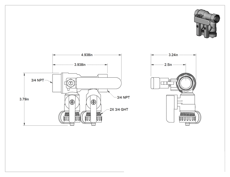 Teknik Çizim - Kol Kollu Pirinç Gövde Çift T Valf, 3/4 NPT Dişi, 3/4 GHT Erkek, Kesme Valfli