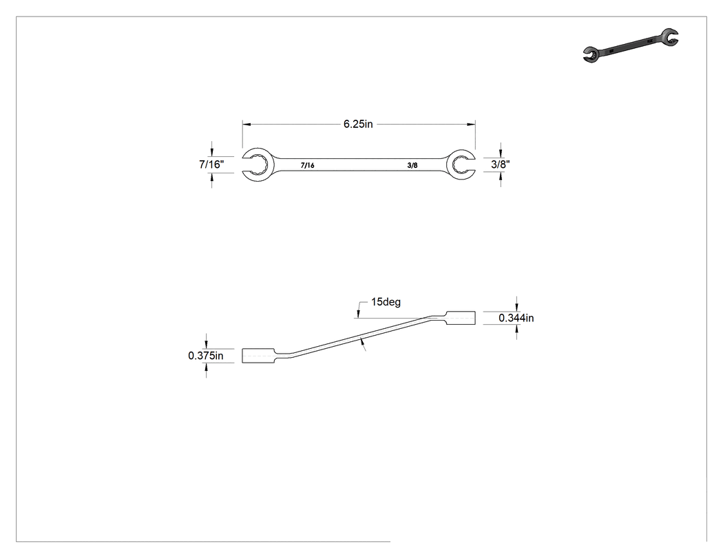 Teknik Çizim - Açık Uçlu Anahtar, 12 Uçlu Güvenli Kavrama Açıklıkları, 3/8" x 7/16" Boyut