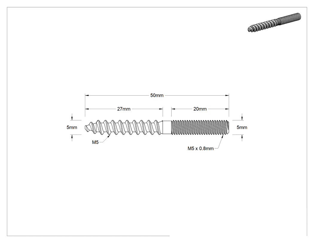 Teknik Çizim - 316 Paslanmaz Çelik Ahşap Vida Dişli Saplamalar, M5 x 0.8 mm Saplı M5 Ahşap Vida, 50 mm Uzunluk