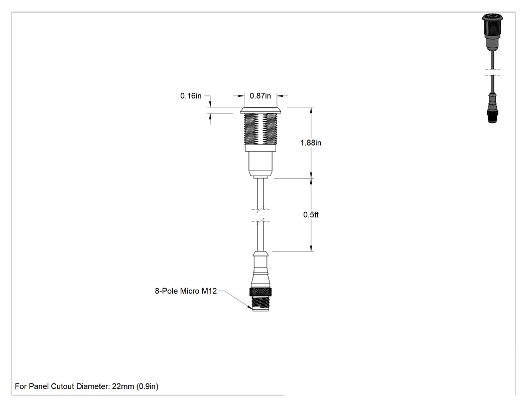 Teknik Çizim - Parmak Dokunmalı Anahtar, Polikarbonat Taban, 22 mm Kesik, 5/32" Yükseklik, Anlık