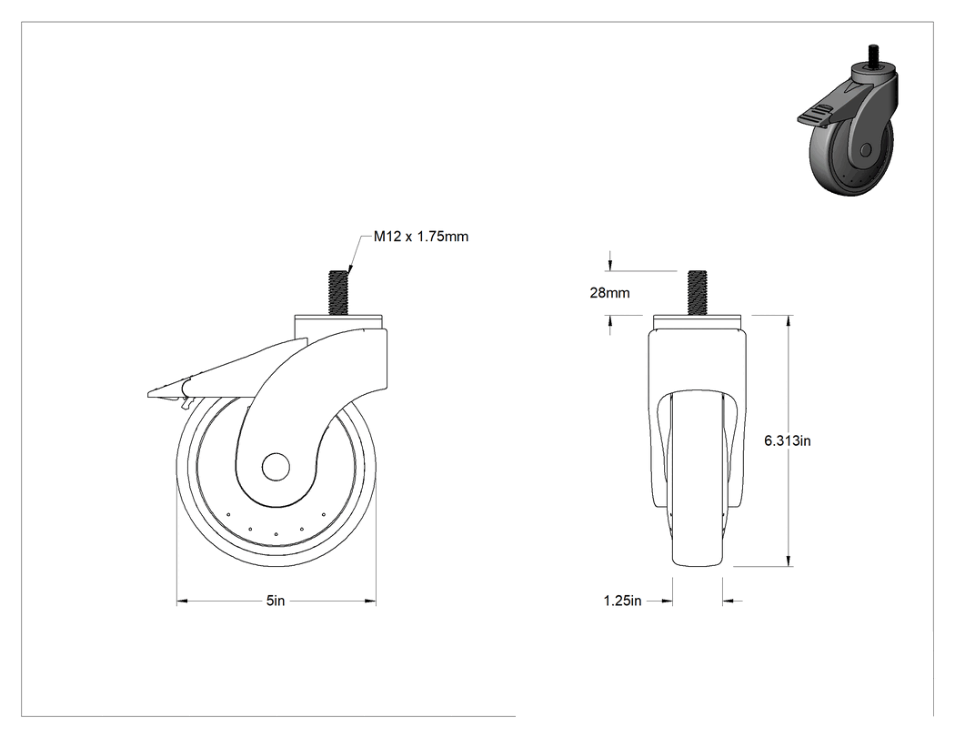 Teknik Çizim - Yıkanabilir Dişli Tekerlek, Total Lock Döner, M12 Diş x 28 mm Uzunlukta Gövde, Kauçuk Tekerlek