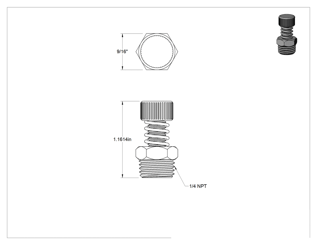 Teknik Çizim - Akış Kontrol Susturucusu, Parmak Vidalı, 1/4 NPT Erkek, Bronz, 1-3/16" Yükseklik