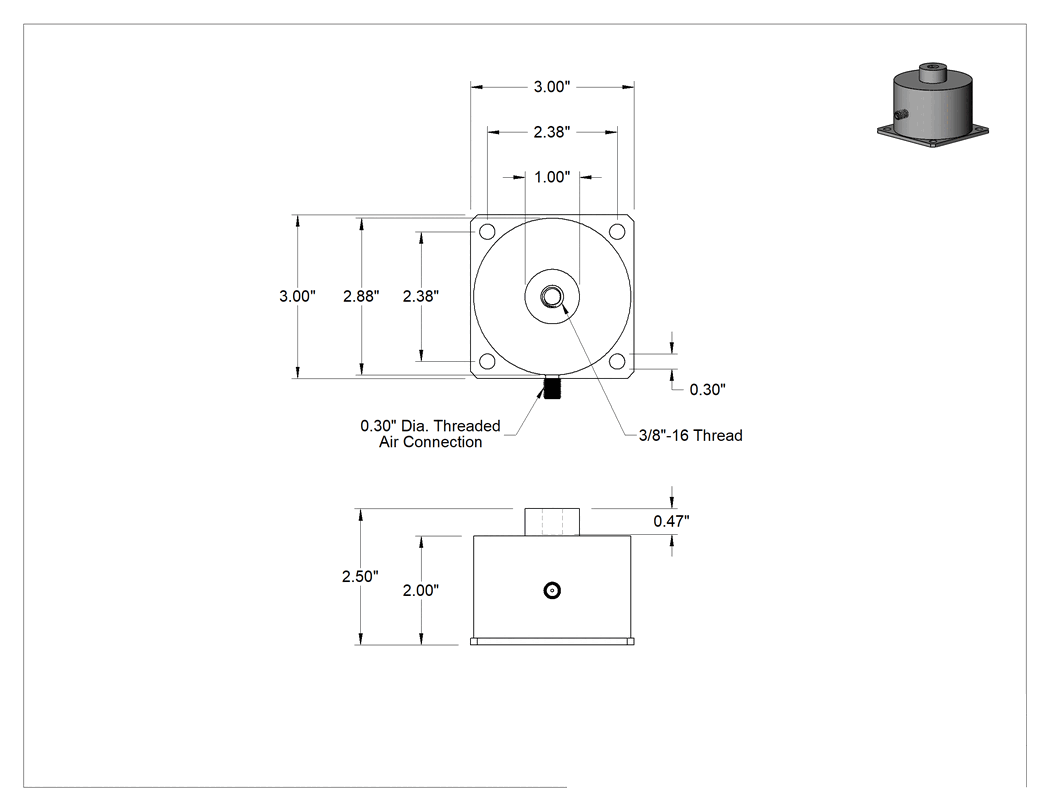 Teknik Çizim - Şok Emici Titreşim Sönümleyici Montaj Parçası, Hava Yayı, 3/8"-16 Diş Boyutu, 100 lbs. Kapasite