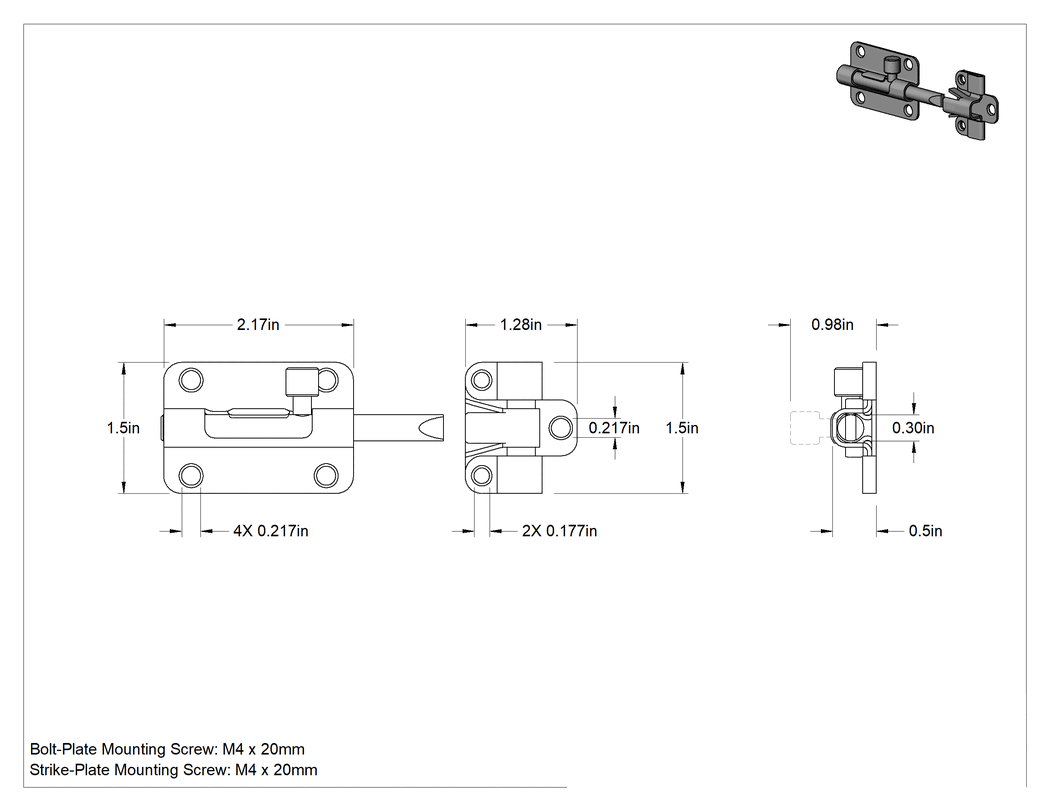 Teknik Çizim - Kendinden Hizalamalı Kayar Cıvata Mandalı, 304 Paslanmaz Çelik, 1-1/2" Yükseklik x 2-3/16" Genişlik