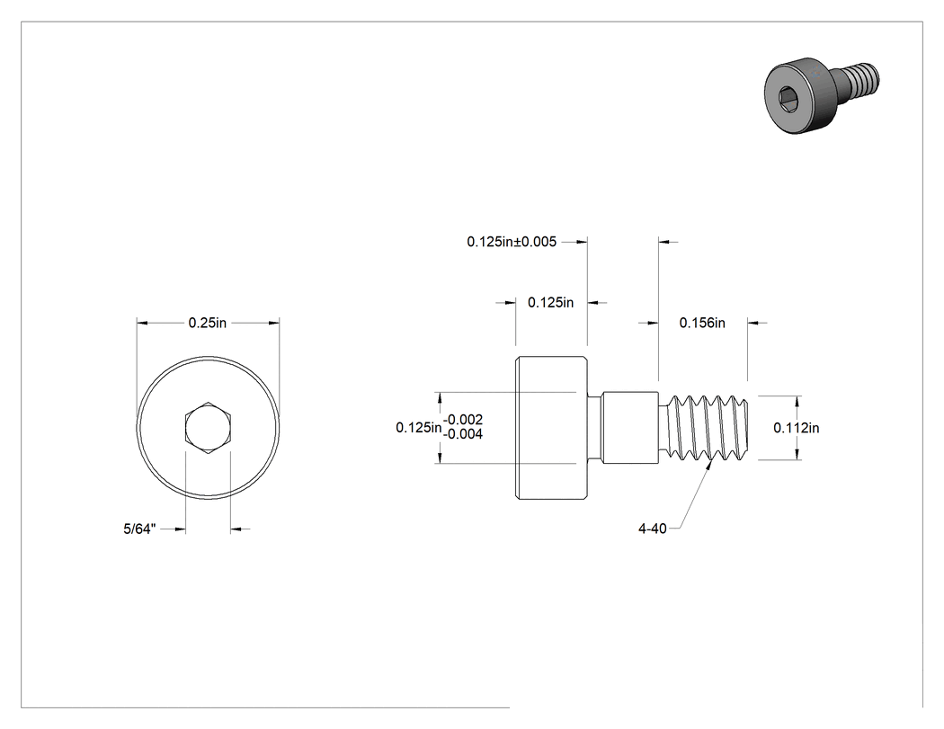 Teknik Çizim - 18-8 Paslanmaz Çelik Omuzlu Vida, Pasifleştirilmiş Yüzeyli, 1/8" Omuz Çapı, 1/8" Omuz Uzunluğu