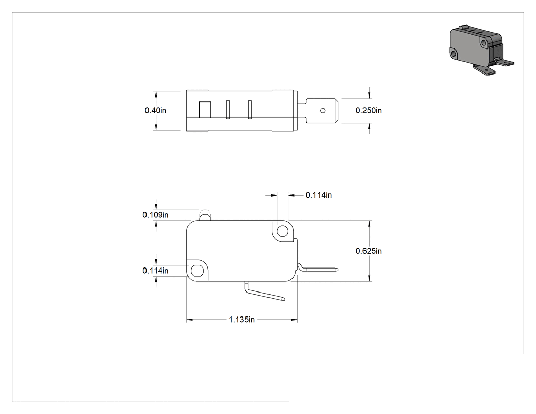 Teknik Çizim - Minyatür Anında Çalışan Anahtar, Piston, Faston Terminaller, SPST-NO, 277VAC/250VDC Maksimum