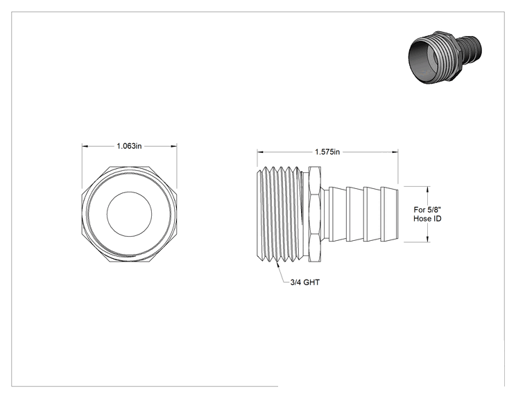 Teknik Çizim - Pirinç Tırnaklı Bahçe Hortumu Bağlantı Parçası, Adaptör, 5/8" Hortum İç Çapı x 3/4 GHT Erkek için, 1-9/16" Uzunluk
