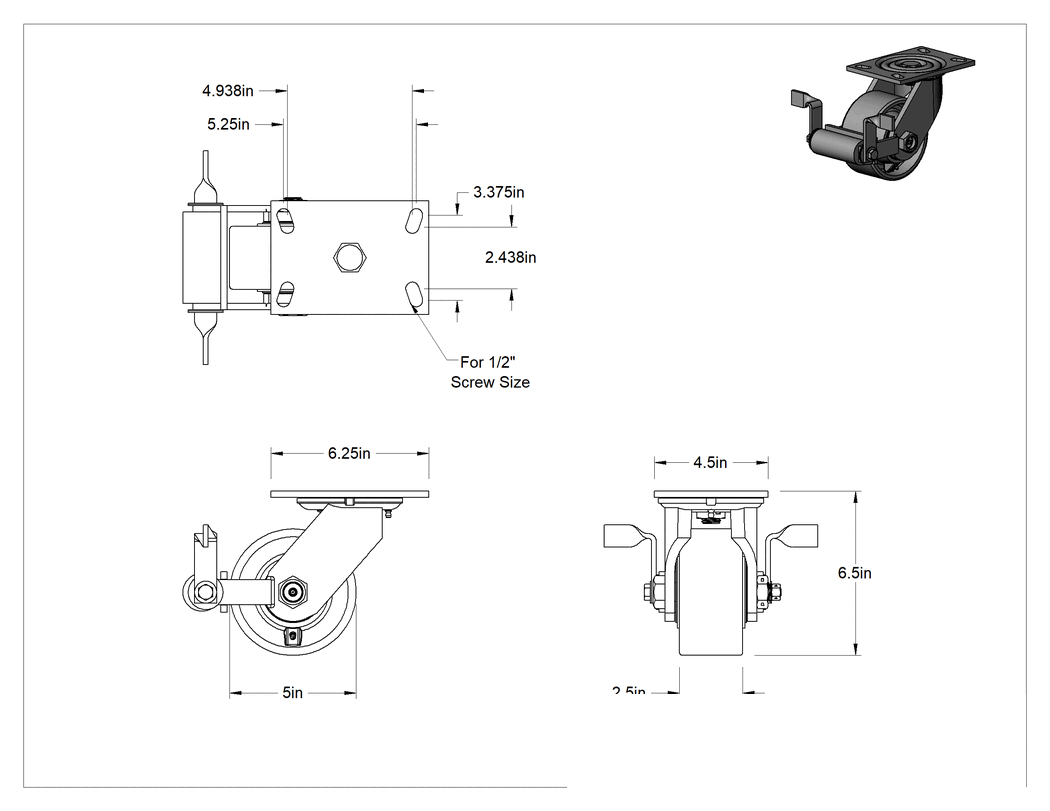 Teknik Çizim - 6-1/4" x 4-1/2" Plakalı Viking Tekerlek, Yüksek Kapasiteli, Frenli Döner Tekerlek ve 5 inç Çapında Demir Tekerlek
