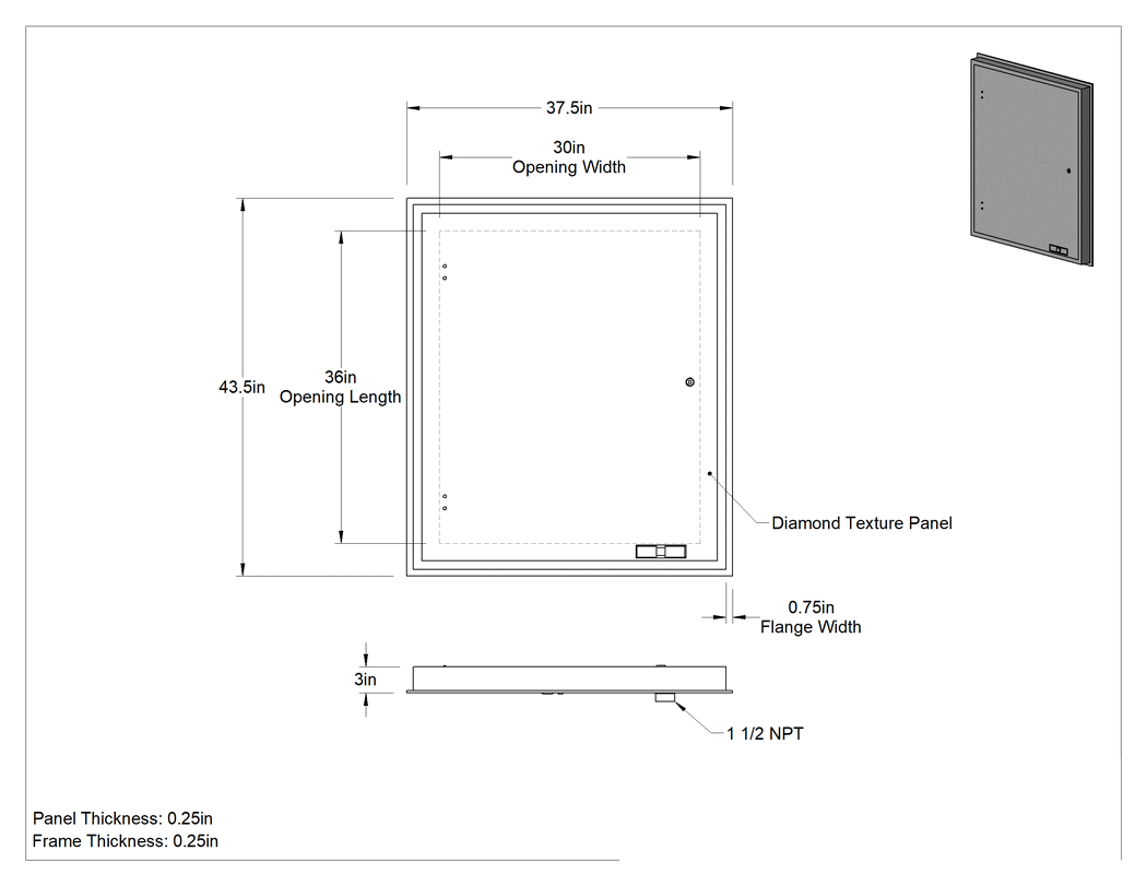 Teknik Çizim - Beton Zemin ve Kaldırım Erişim Paneli, 43-1/2" Uzunluk x 37-1/2" Genişlik Toplam