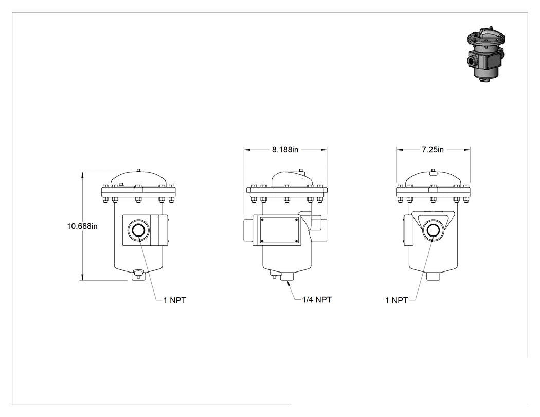 Teknik Çizim - Kartuşlu Metal Filtre Muhafazası, Yiyecek ve İçecek Buhar Hatları için, 1 NPT
