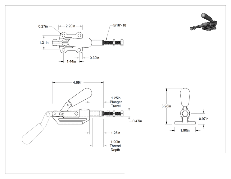 Teknik Çizim - İt/Çek Mandal Kelepçe, 316 Paslanmaz Çelik, 800 lbs. Tutma Kapasitesi, 1-1/4" Uzunluk Piston