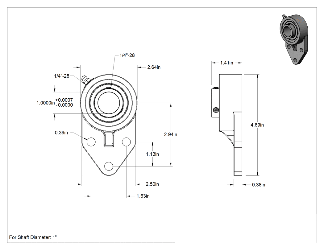 Teknik Çizim - Üç Cıvatalı Flanşlı Montajlı Bilyalı Rulman, Yiyecek ve İçecek, 1" Mil Çapı için, 2-23/32" Merkez Yüksekliği