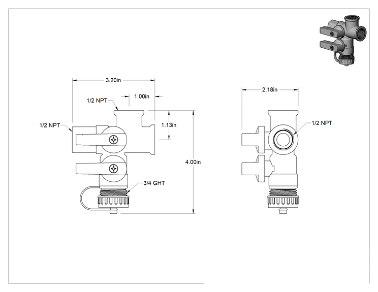 Teknik Çizim - Kol Kollu Pirinç Gövde Ofset Çapraz Vana, Kesme Vanalı, 1/2 NPT Dişi, 1/2 NPT Erkek, 3/4 GHT Erkek