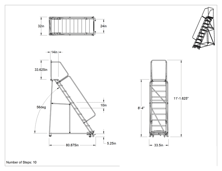 Teknik Çizim - Montajlanmamış Tırtıklı Platformlu Tekerlekli Merdiven, 10 Kademeli, 8'4" Yükseklik x 14" Derinlik Platform, 11'1 inç Toplam Yükseklik