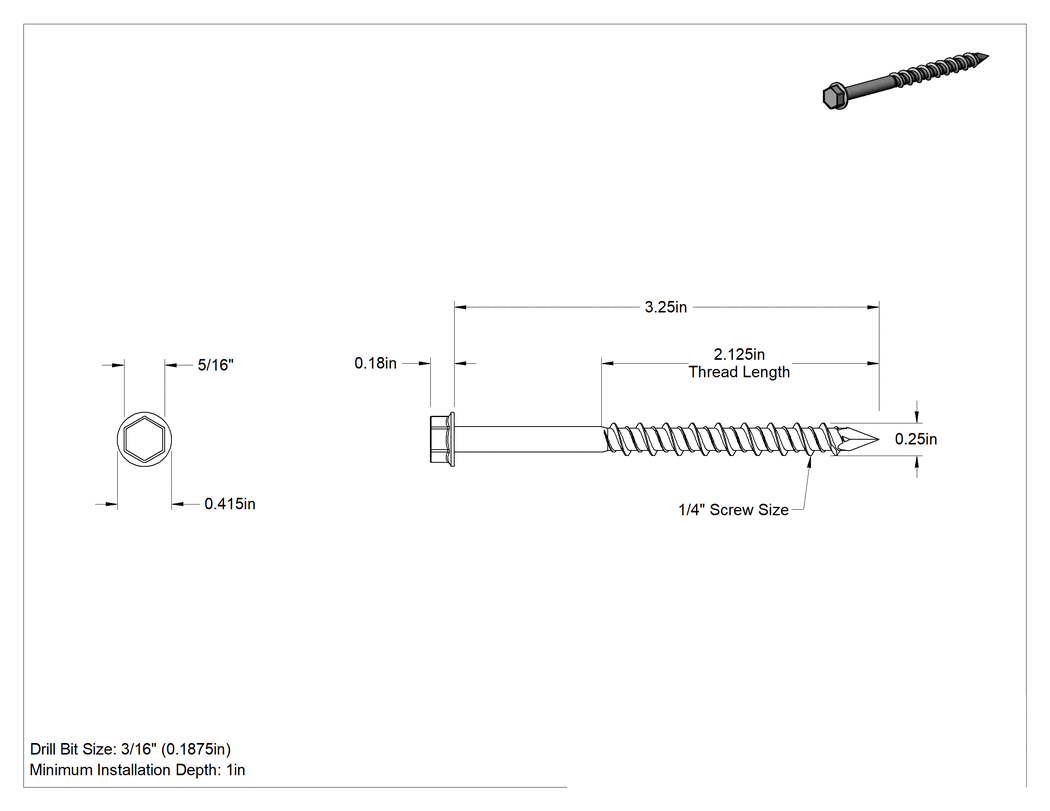 Teknik Çizim - Duvar ve Beton için 410 Paslanmaz Çelik Kılavuzlu Vida, Altıköşe Başlık, 1/4" Vida Boyutu, 3-1/4" Uzunluk