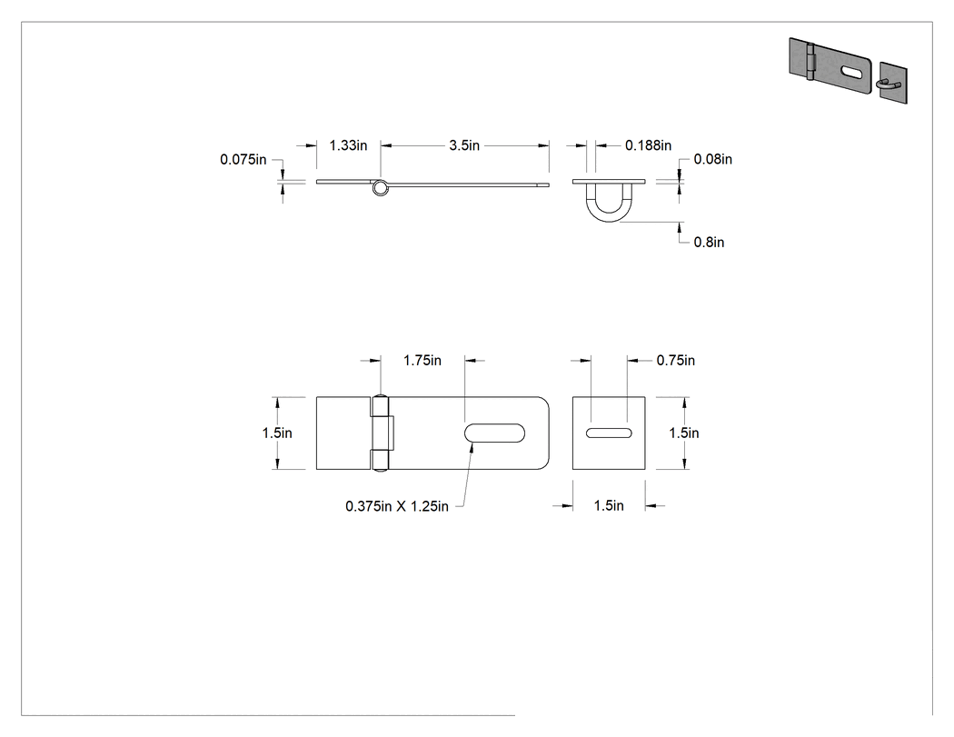 Teknik Çizim - 304 Paslanmaz Çelik Asma Kilitli Mandal, 3.5" x 1.5" x 1/16" Kol
