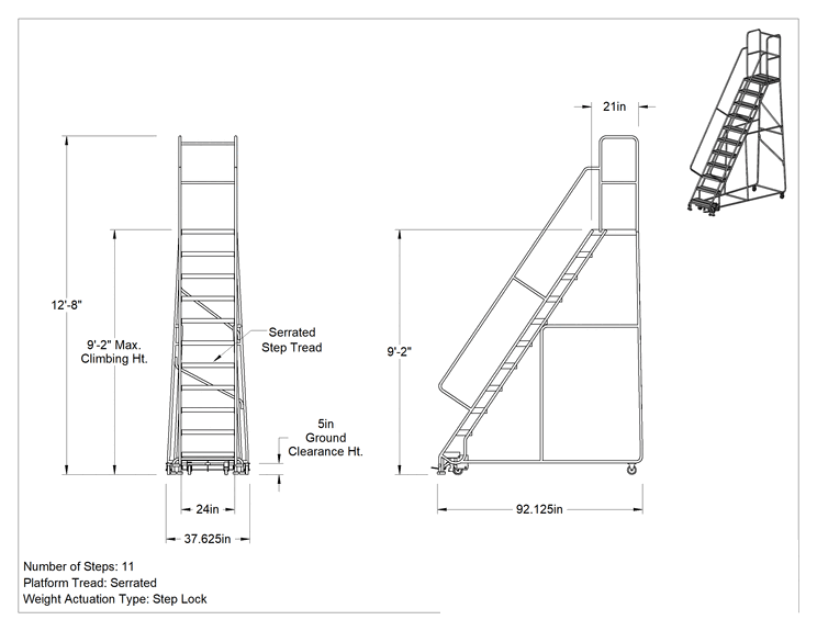 Teknik Çizim - Hafif Alüminyum Tekerlekli Platform Merdiveni, Tırtıklı Basamaklar, 12'8" Yükseklik x 38" Genişlik x 92" Derinlik Toplam