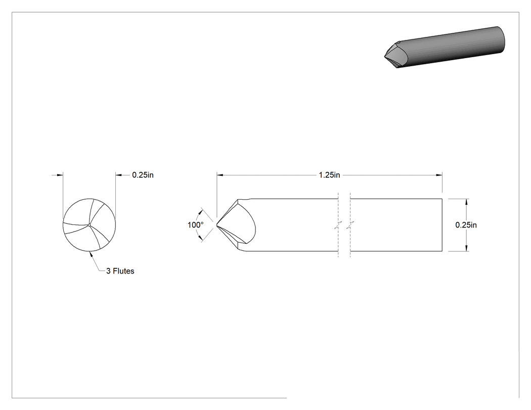 Teknik Çizim - Pürüzsüz Yüzeyli Yüksek Hızlı Çelik Havşa, Perçinler için, 100 Derece, 1/4" Gövde Çapı