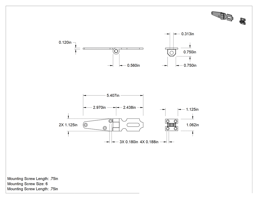 Teknik Çizim - Asma Kilitlenebilir Köşe Mandalları, 2-7/16" x 1-1/8" x 1/8" Kollu