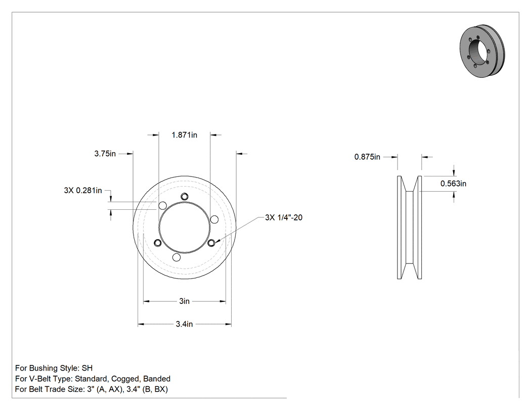 Teknik Çizim - Hızlı Ayırmalı Burç Delikli V Kayış Tahrik Kasnağı, a için, Ax ve B, BX Kayışları, 1 Oluk, 3.75" Dış Çap