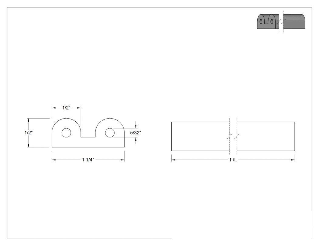 Teknik Çizim - Hava Koşullarına Dayanıklı Kauçuk Kenar Contası, Yüzeye Montaj, İçi Boş, 1-1/4" Toplam Genişlik, 1/2" Yükseklik