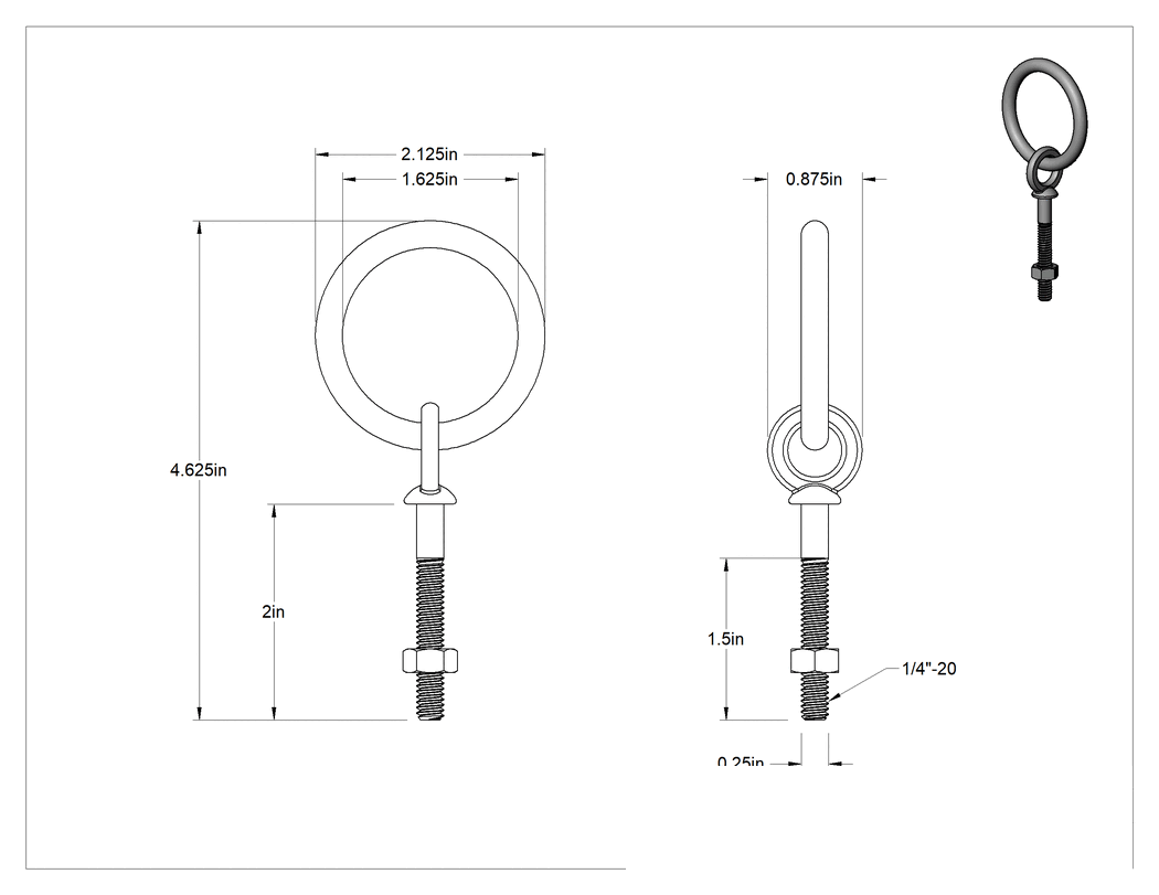 Teknik Çizim - Freze Halka Cıvatası, Galvanizli Çelik, 1-5/8" Göz Çapı, 1/4"-20 Diş, 1-1/2" Diş Uzunluğu