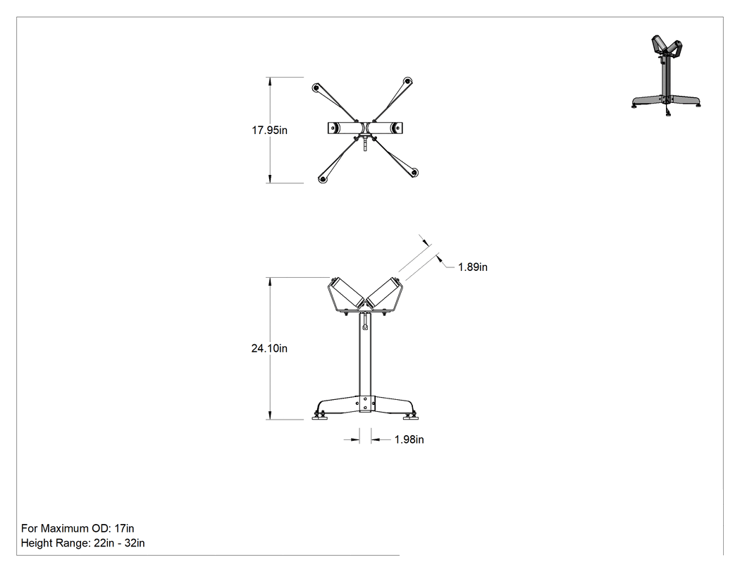 Teknik Çizim - Boru için V-tipi malzeme destek sehpası, Makaralı Üst, 17" Maksimum Dış Çap için, 22" - 32" Yükseklik için