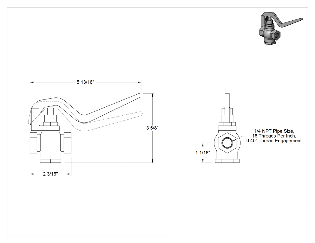Teknik Çizim - Pirinç Çıtçıtlı Akış Ayar Valfi, İtme Kolu, 150 PSI Maksimum Basınç, 1/4 NPT Dişi