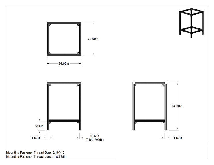 Teknik Çizim - T-Yivli Çerçeve, Taban, 24" Uzunluk x 24" Genişlik x 34" Yükseklik, 1-1/2" Kare Tek Ray