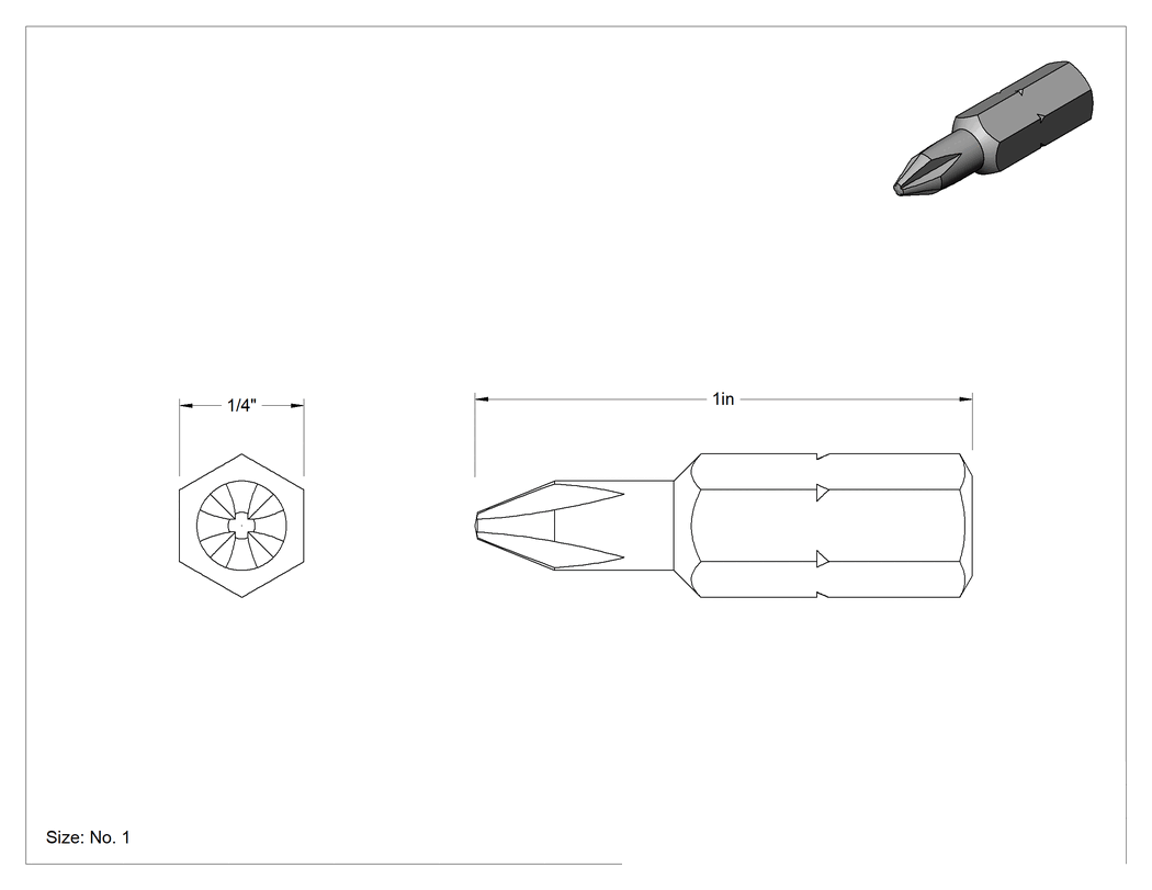 Teknik Çizim - Dar Boşluklu #1 Phillips Ucu, 3/8" Mil Uzunluğu