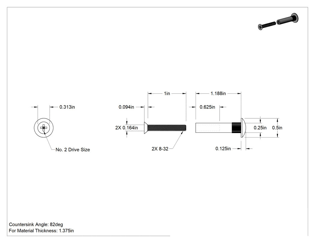 Teknik Çizim - Bronz Kaplamalı Pirinç Bağlama Silindirleri ve Vidaları, Kapı Donanımı için, 8-32 Diş Boyutu, 1-3/8" Kalınlık için