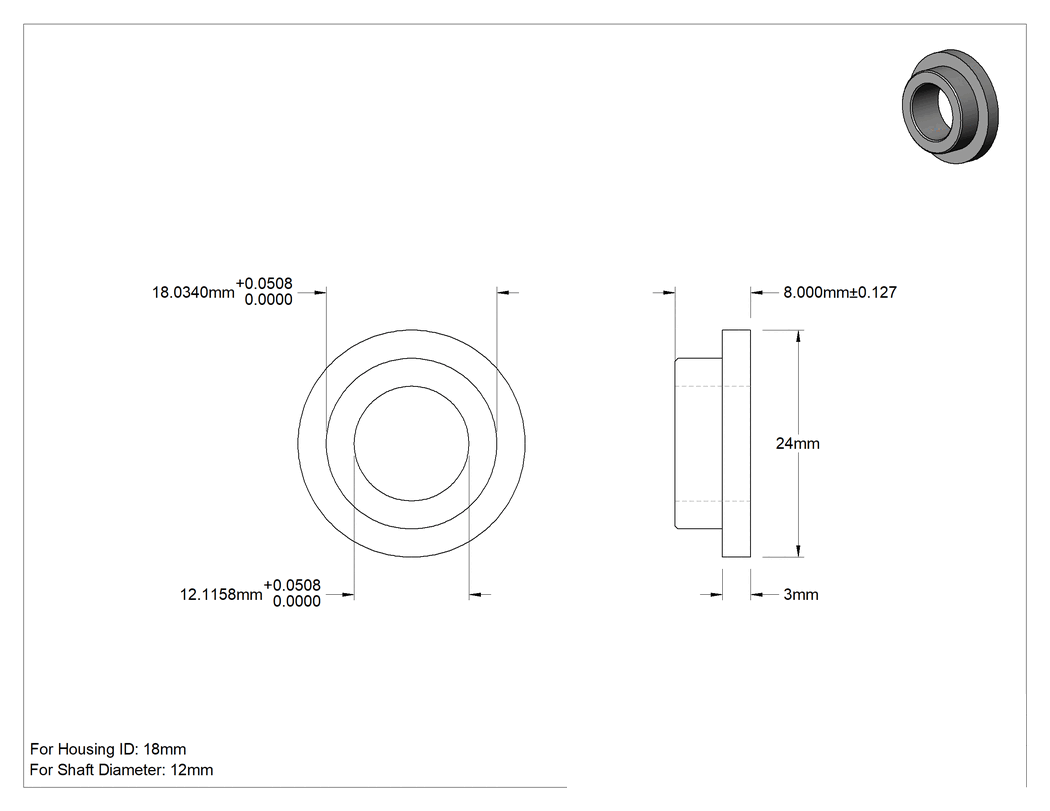 Teknik Çizim - Kuru Çalışan PTFE Flanşlı Manşon Rulman, Polyester Kumaş Takviyeli, 12 mm Mil için, 8 mm Uzunluk