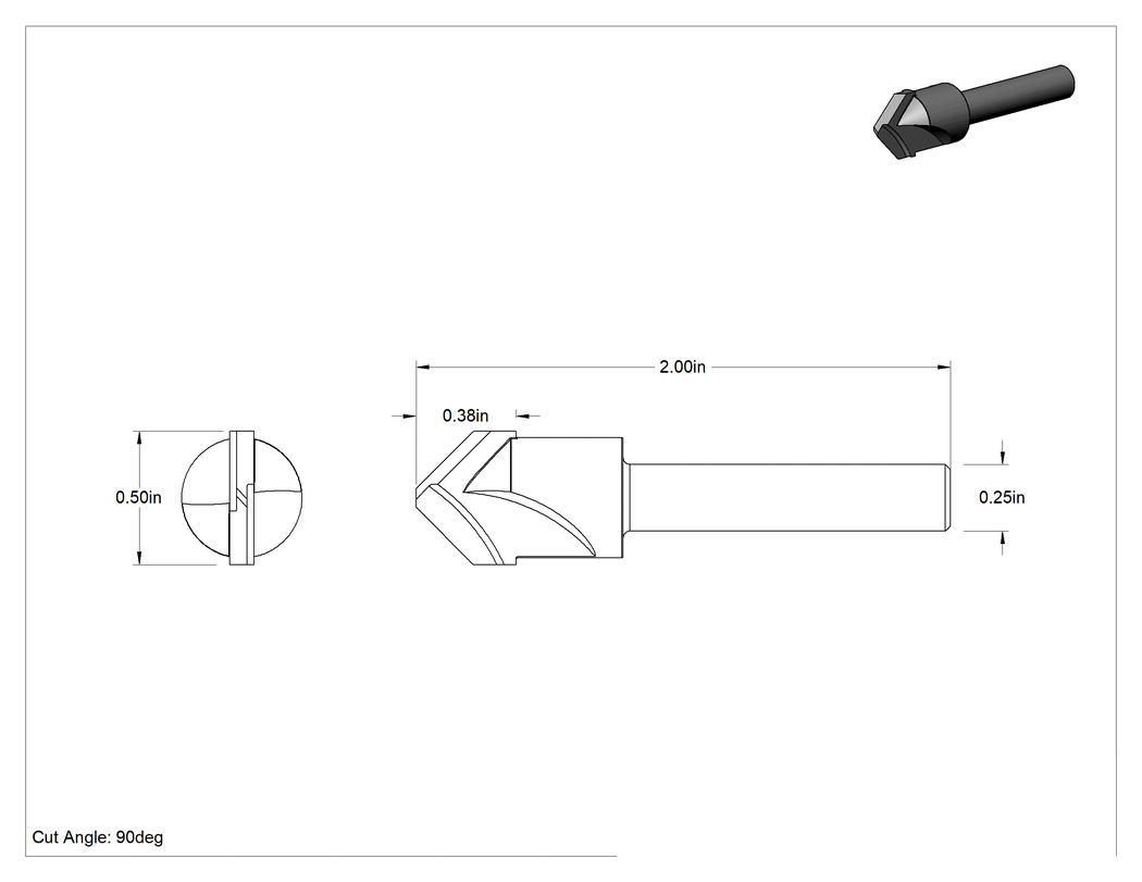 Teknik Çizim - Petek Paneller için Freze Ucu, Köşe Yapımı için, 1/2" Kesme Çapı, 1/2" Şaft Çapı