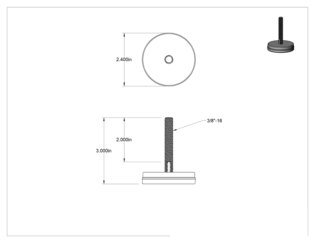 Teknik Çizim - Dişli Saplama ve Yastıklı Sert Seviyelendirme Montajı, Çinko Kaplı Çelik ve Neopren, 3/8"-16 x 2" Diş, 2-1/2" Taban