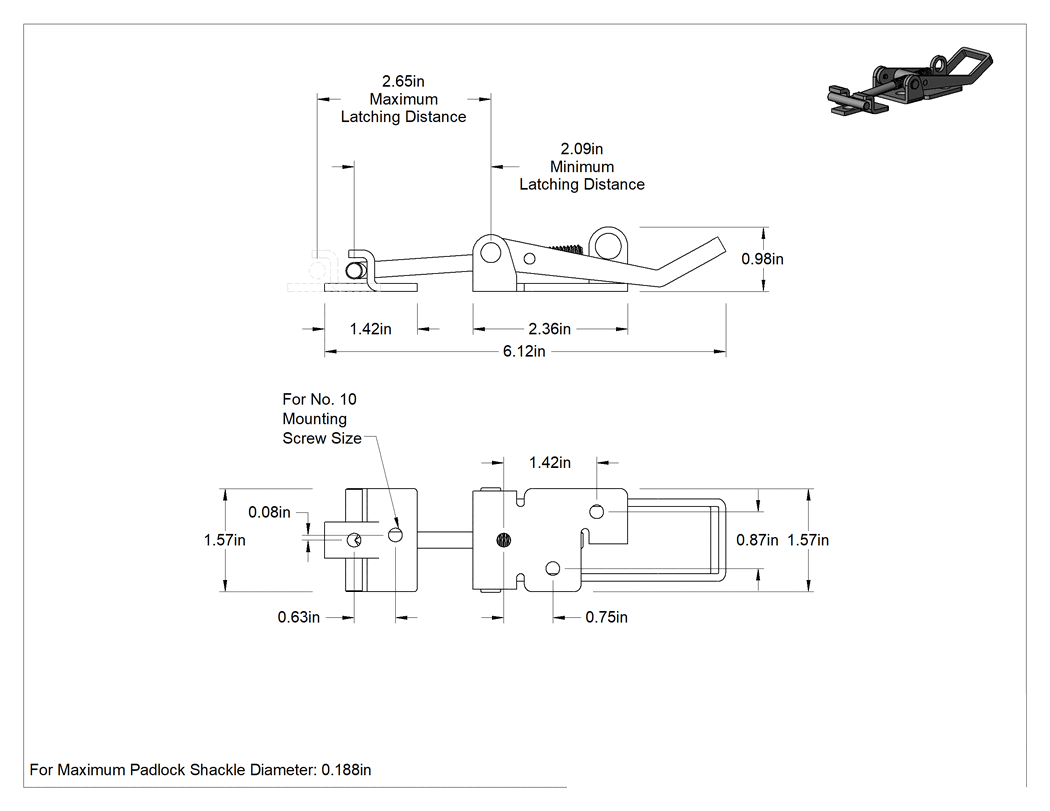 Teknik Çizim - Ayarlanabilir Tutamaklı Çekme Mandalı, 316 Paslanmaz Çelik, 6-11/16" Uzunluk x 1-5/8" Genişlik