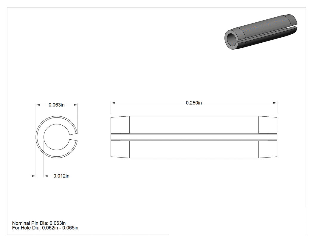Teknik Çizim - 316 Paslanmaz Çelik Oluklu Yaylı Pim, 1/16" Çap, 1/4" Uzunluk