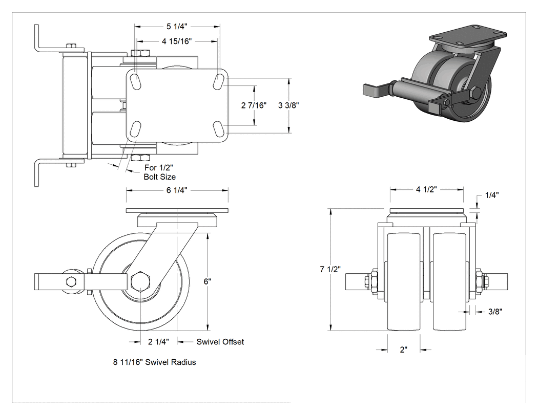 Teknik Çizim - Viking Tekerlek, Ekstra Yüksek Kapasiteli, Frenli Döner Tekerlek ve 6" Çapında Fenolik Tekerlekler