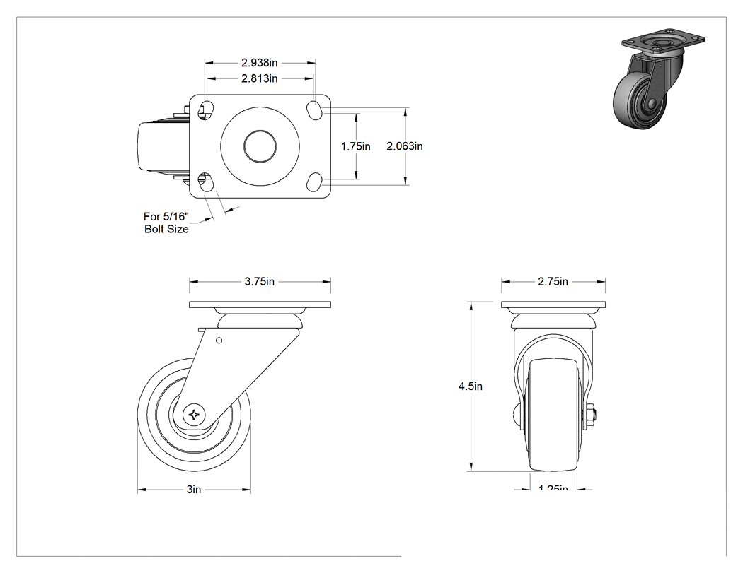 Teknik Çizim - 3-3/4" x 2-3/4" Plakalı Parlak Yüzeyli Tekerlek, 3 inç Çapında Kauçuk Tekerlekli Döner Ayak