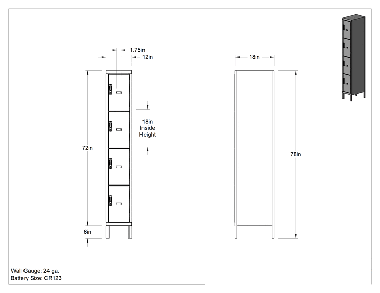 Teknik Çizim - Şeffaf Kilitli Dolap, Tuş Takımlı, 4 Aşağı x 1 Enine, 12 inç Genişlik x 18 inç Toplam Derinlik