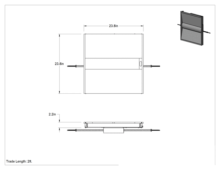 Teknik Çizim - Yerleşik LED'li Gömme Tavan Işığı, Pil ve Polikarbonat Lens, 24" Uzunluk x 24" Genişlik x 2.25" Yükseklik