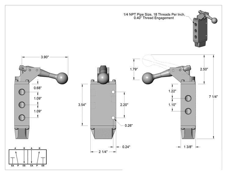 Teknik Çizim - Hava Yön Kontrol Vanası, Yaylı Geri Dönüşlü, 1/4 NPT Dişi, 53 scfm, 7-1/4" Toplam Yükseklik