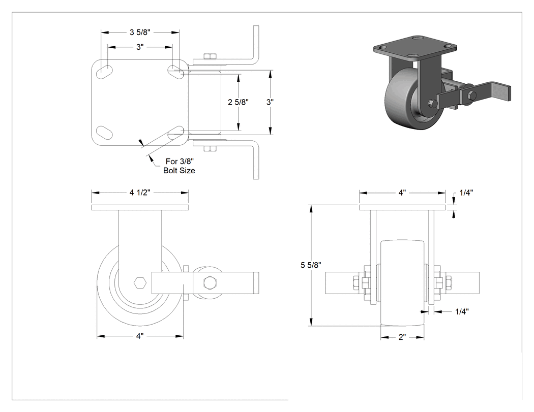 Teknik Çizim - 4-1/2" x 4" Plakalı Yüksek Kapasiteli Spartan Tekerlek, Frenli Sabit, 4" Çaplı Açık Rulmanlı Poliüretan Tekerlek
