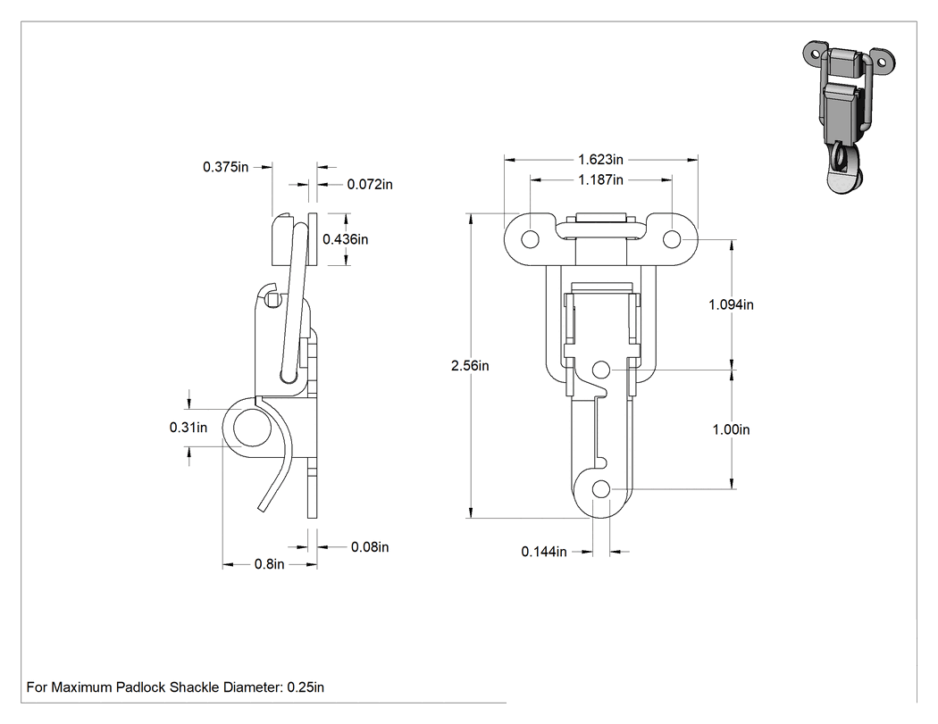 Teknik Çizim - Çekme Mandalı, Asma Kilitlenebilir, Çinko Kaplı Çelik, 2-9/16" Uzunluk x 1-5/8" Genişlik