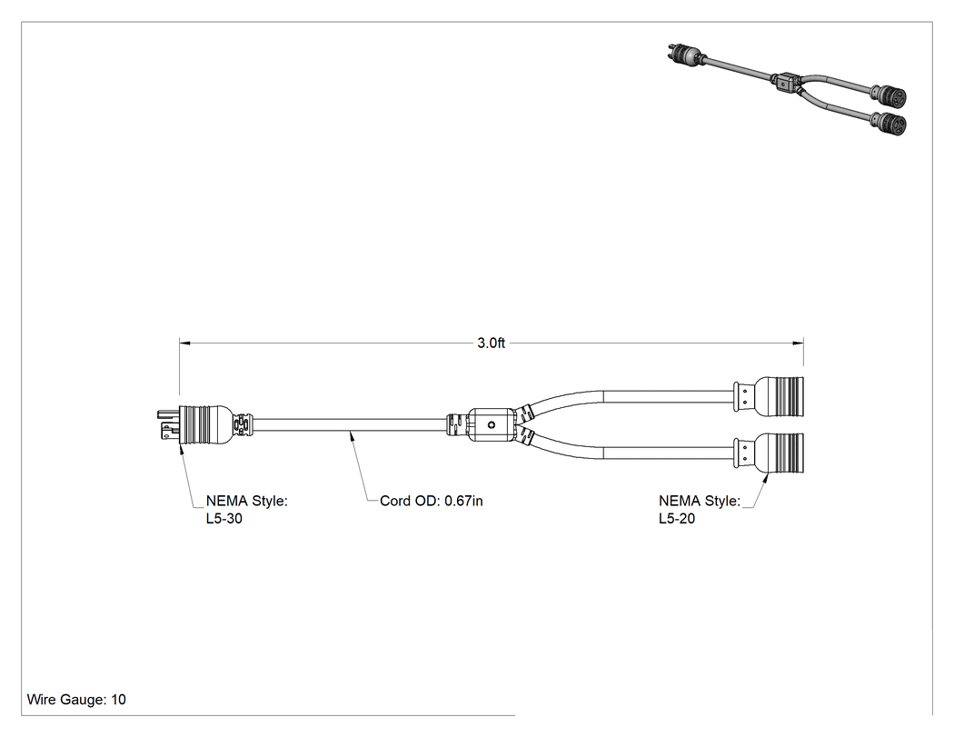 Teknik Çizim - NEMA L5-30 Fiş x NEMA L5-20 Priz Adaptörü