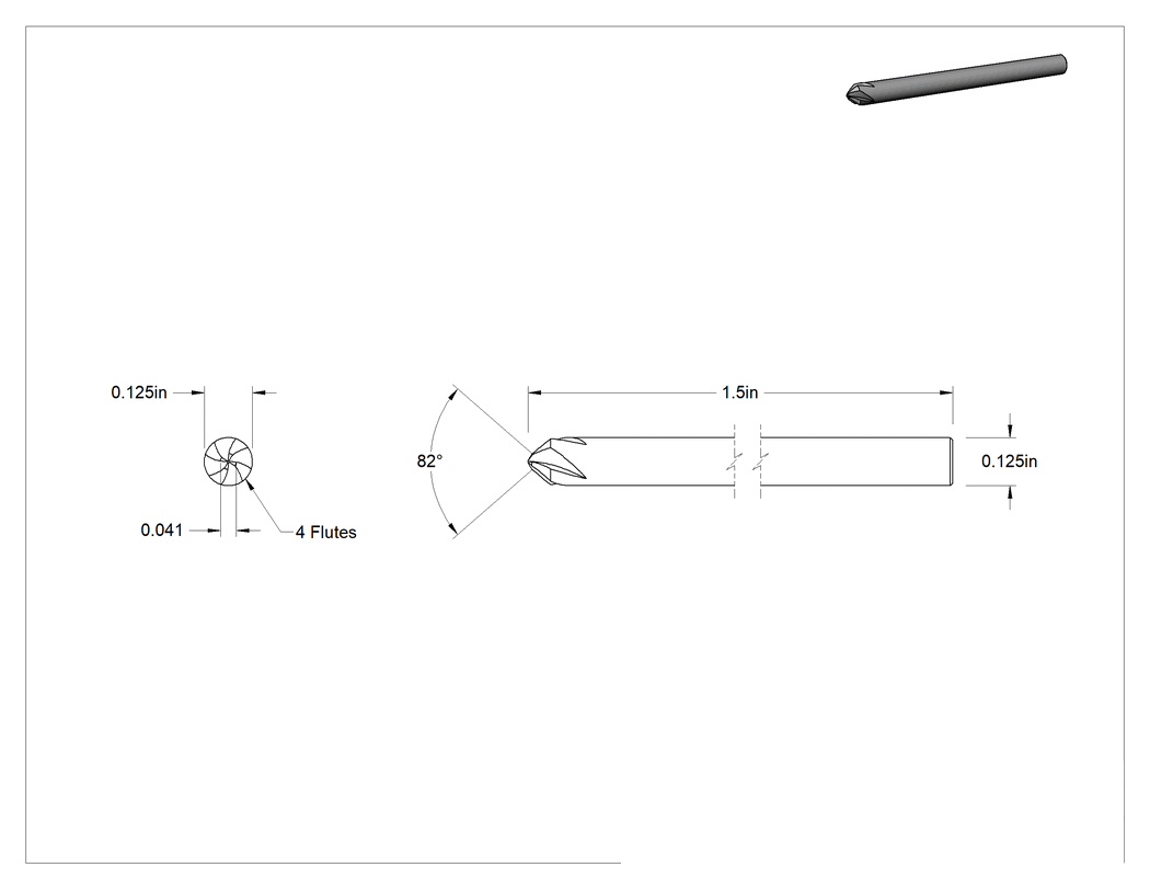 Teknik Çizim - Vidalar için Matkap Uçlu Havşa Açıcılar, Vidalar için, Yüksek Hızlı Çelik, 82 Derece, 1/8" Gövde Çapı